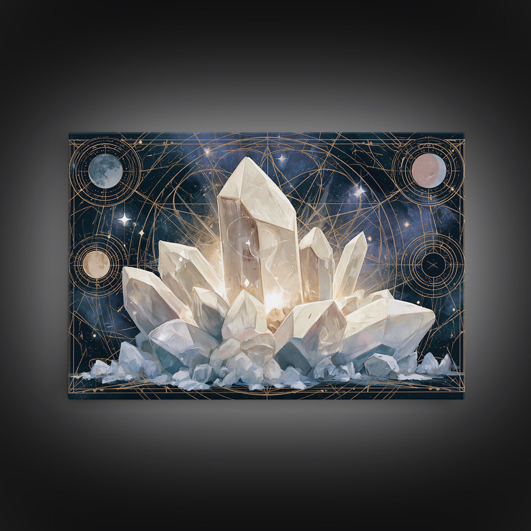 Crystal Cluster with Moonlight Reflections Framed Canvas Print, Spiritual Art, Living Room Decor, Watercolor Art, Spirit, SPI-3x2-65