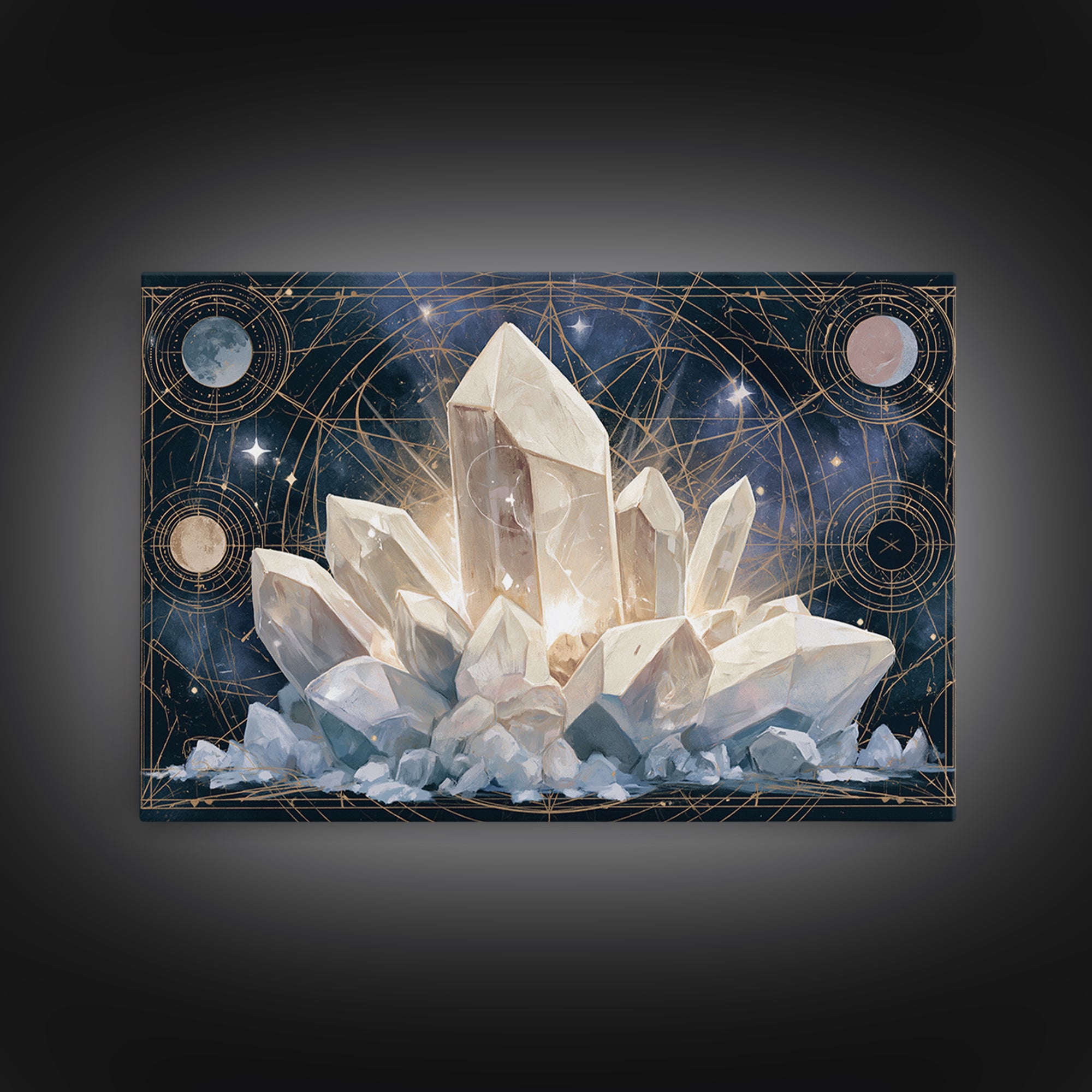 Crystal Cluster with Moonlight Reflections Framed Canvas Print, Spiritual Art, Living Room Decor, Watercolor Art, Spirit, SPI-3x2-65