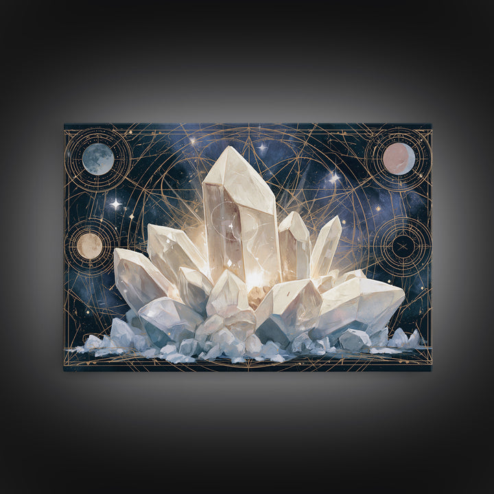 Crystal Cluster with Moonlight Reflections Framed Canvas Print, Spiritual Art, Living Room Decor, Watercolor Art, Spirit, SPI-3x2-65