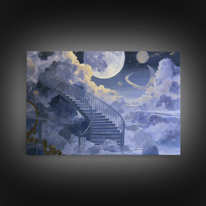Celestial Staircase Through Clouds Framed Canvas Print, Spiritual Art, Room Decor, Living Room Decor, Fine Art, Spirit, SPI-3x2-69