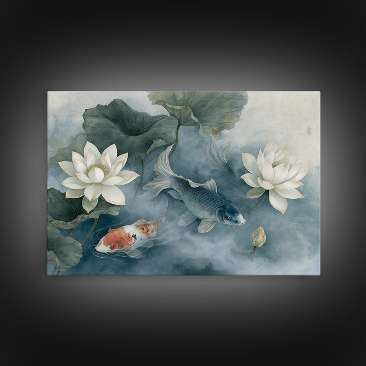 Lotus and Koi Framed Canvas Print, Spiritual Art, Neutral Decor, Living Room Decor, Fine Art, Spirit, Digital Prints, SPI-3x2-70