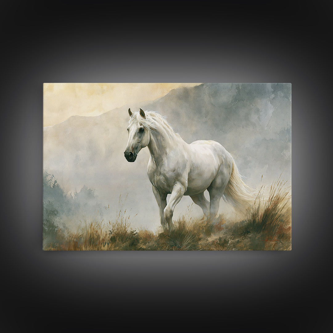 White Horse in Misty Sacred Landscape Framed Canvas Print, Spiritual Art, Boho Decor, Living Room Decor, Fine Art, Spirit, SPI-3x2-86
