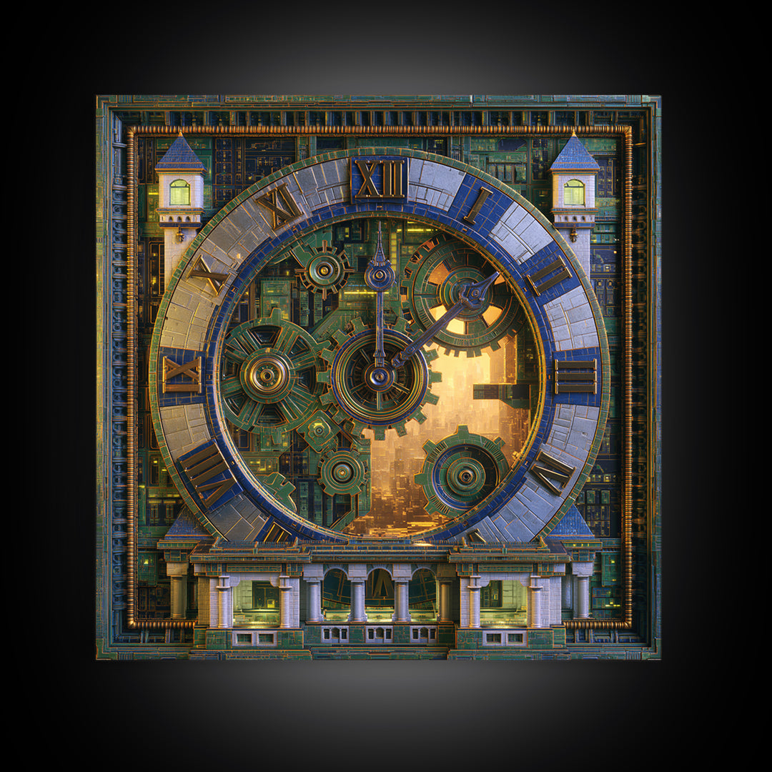 Clock Tower Gears Canvas Print, Steampunk Art, Abstract Art Print, Living Room Decor, Watercolor Art, Mechanic, STE-1x1-13