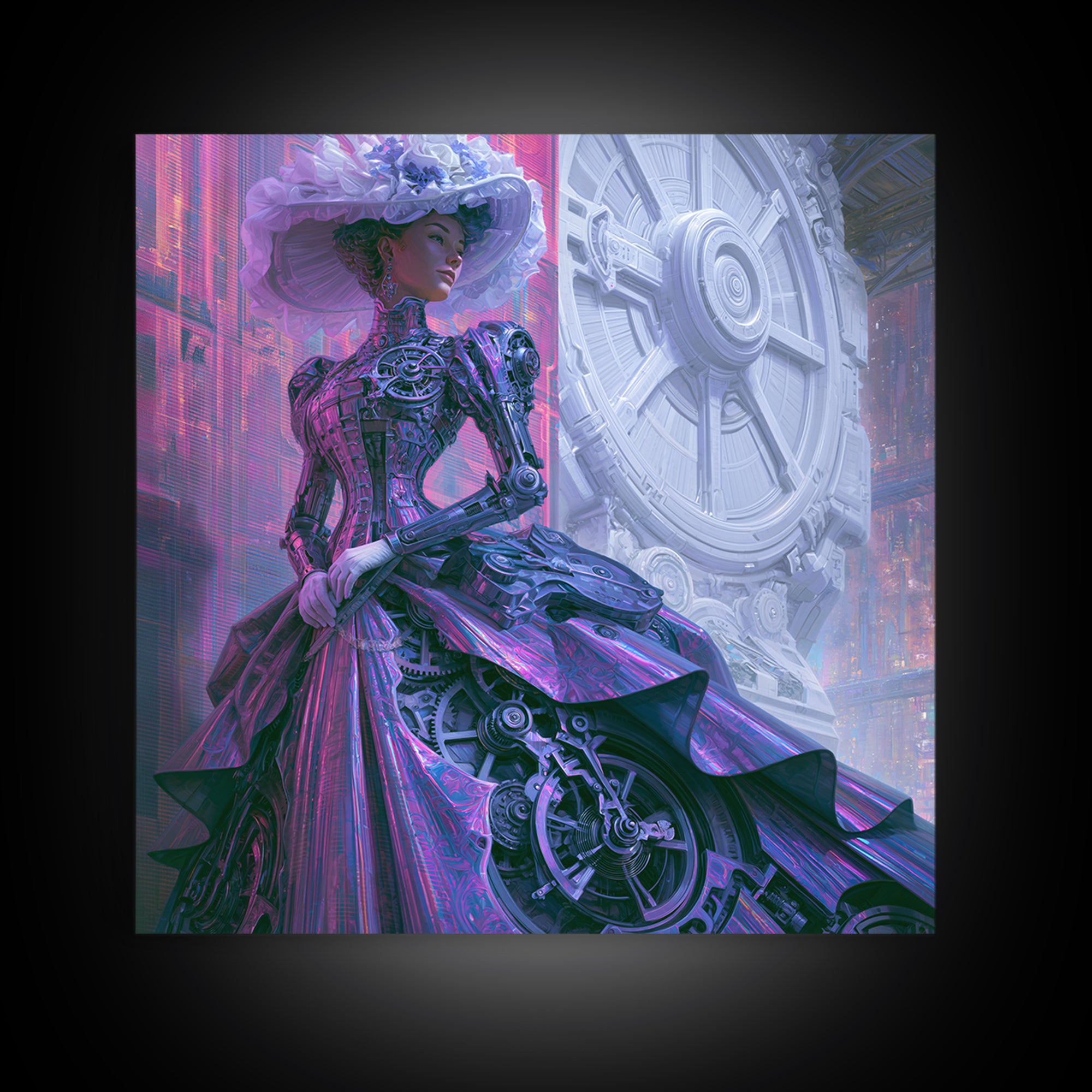Victorian Lady with Clockwork Dress Details Canvas Print, Steampunk Art, Gallery Decor, Living Room Decor, Fine Art, Mechanic, STE-1x1-17