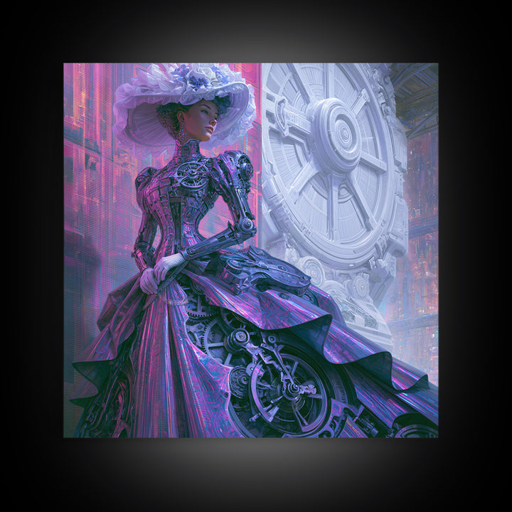 Victorian Lady with Clockwork Dress Details Canvas Print, Steampunk Art, Gallery Decor, Living Room Decor, Fine Art, Mechanic, STE-1x1-17