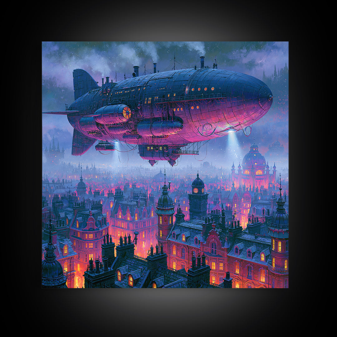 Airship Floating Above Victorian City Roofs Framed Canvas Print, Steampunk Art, Modern Art, Living Room Decor, Mechanic, STE-1x1-2