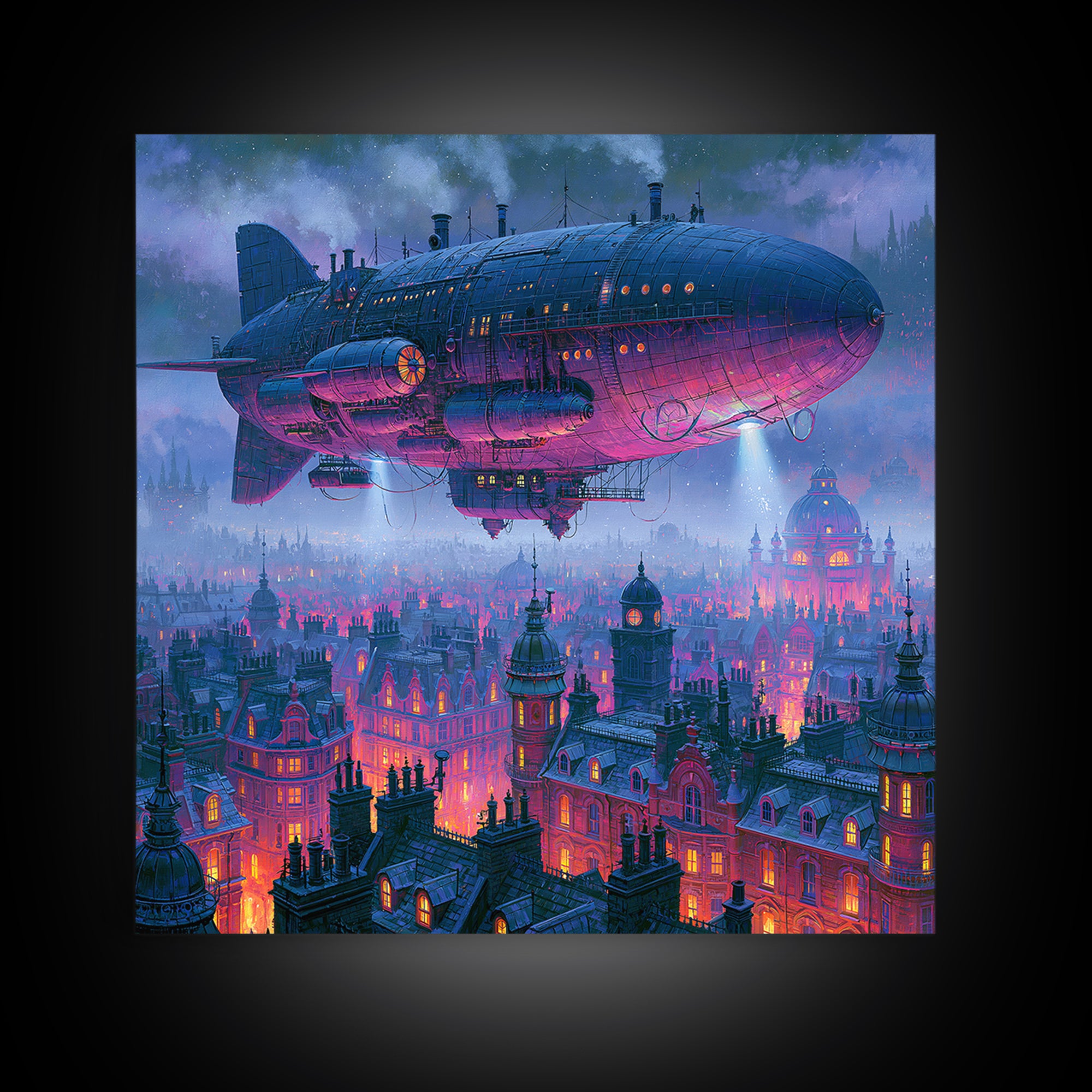 Airship Floating Above Victorian City Roofs Framed Canvas Print, Steampunk Art, Modern Art, Living Room Decor, Mechanic, STE-1x1-2