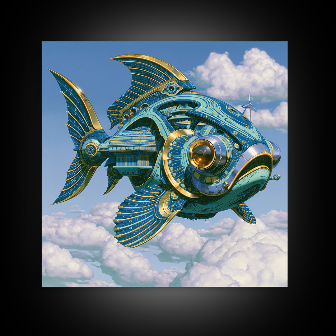 Mechanical Fish Swimming Through Clouds Canvas Print, Steampunk Art, Cat Art, Living Room Decor, Oil Painting, Mechanic, STE-1x1-22