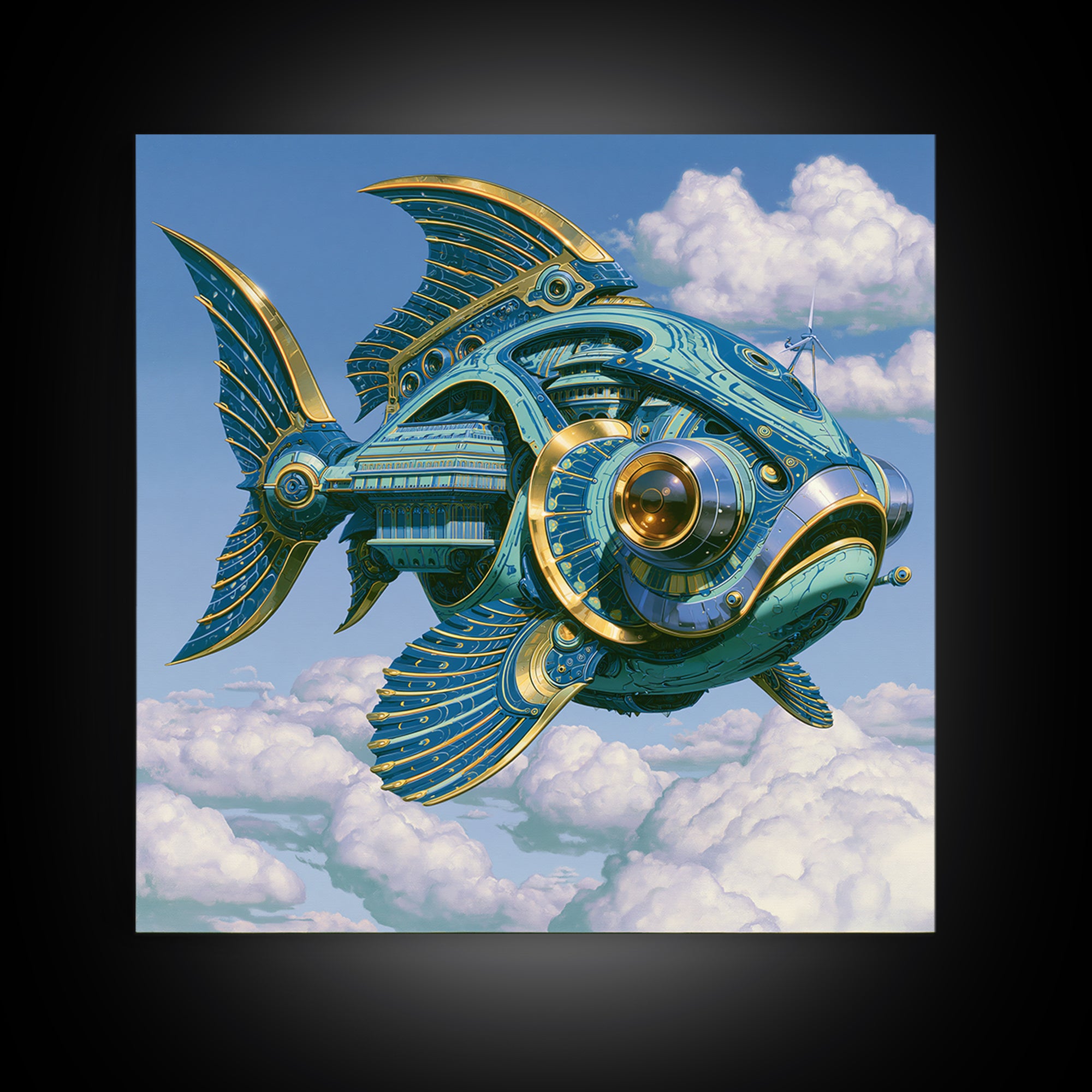 Mechanical Fish Swimming Through Clouds Canvas Print, Steampunk Art, Cat Art, Living Room Decor, Oil Painting, Mechanic, STE-1x1-22