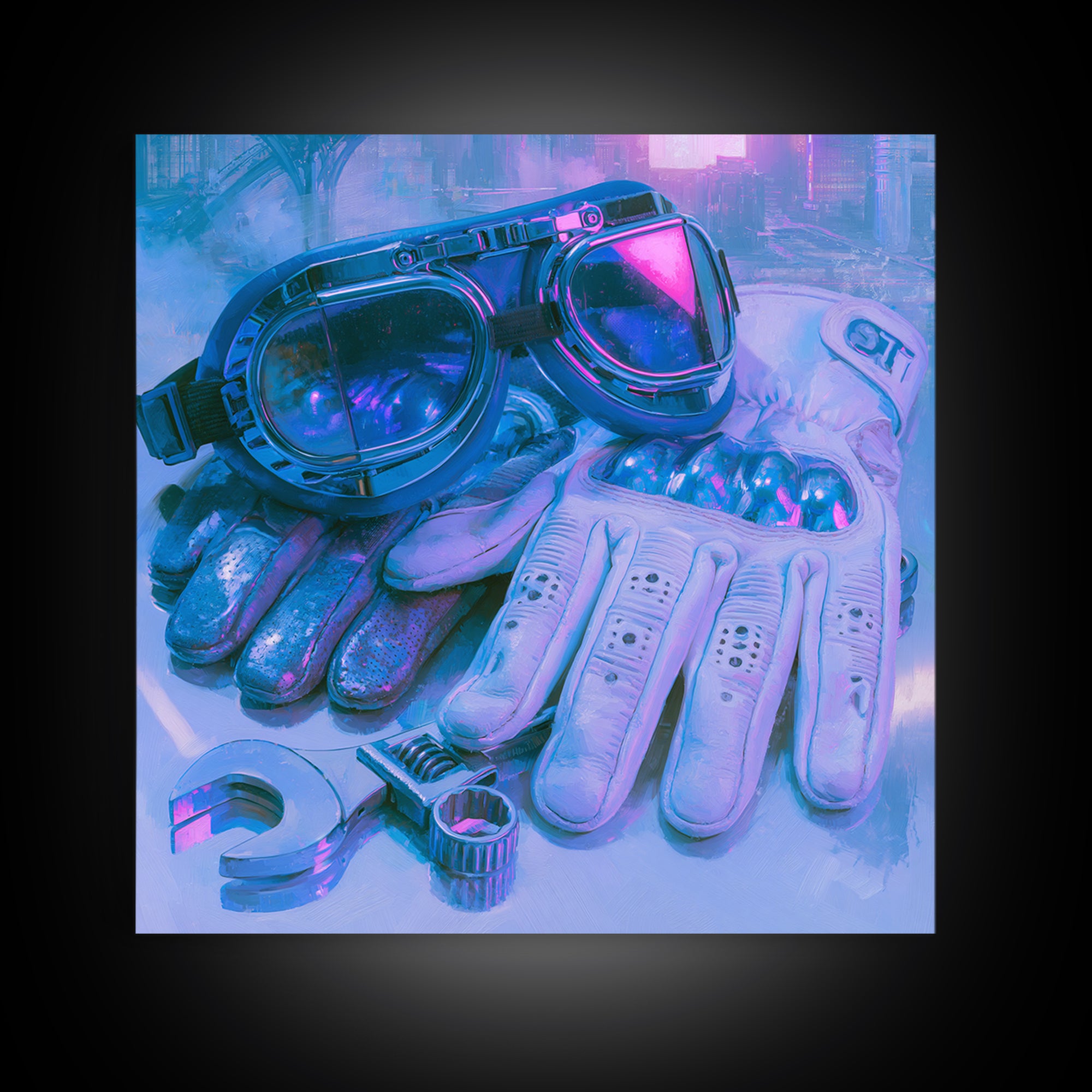 Goggles Gloves and Wrench Still Life Canvas Print, Steampunk Art, Abstract Art, Living Room Decor, Fine Art, Mechanic, STE-1x1-23