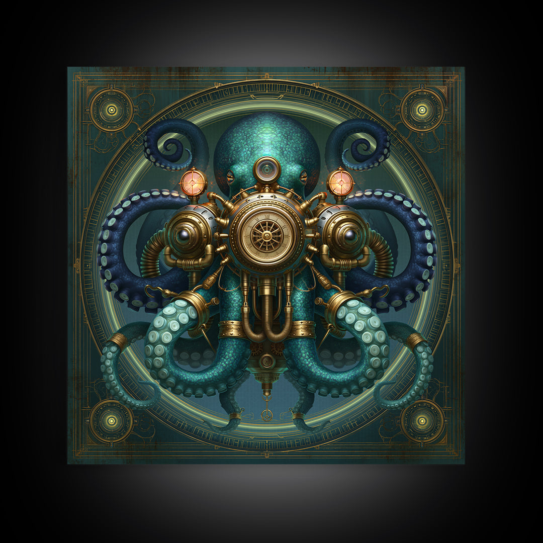 Steampunk Octopus with Brass Tentacles Framed Canvas Print, Steampunk Art, Textured Painting, Living Room Decor, Mechanic, STE-1x1-29