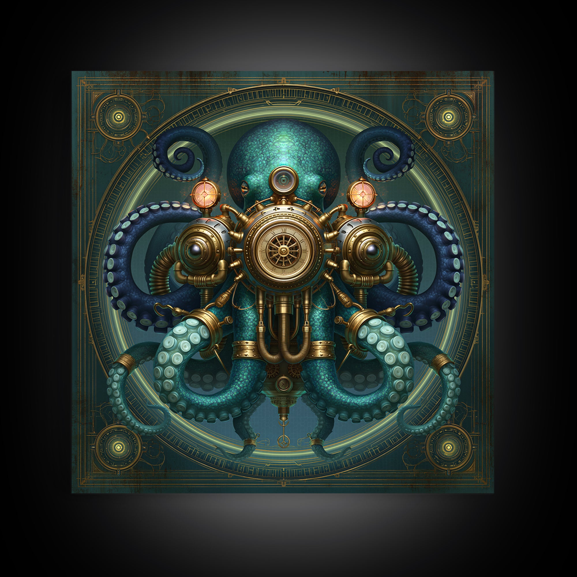 Steampunk Octopus with Brass Tentacles Framed Canvas Print, Steampunk Art, Textured Painting, Living Room Decor, Mechanic, STE-1x1-29