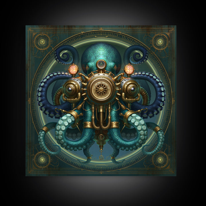 Steampunk Octopus with Brass Tentacles Framed Canvas Print, Steampunk Art, Textured Painting, Living Room Decor, Mechanic, STE-1x1-29