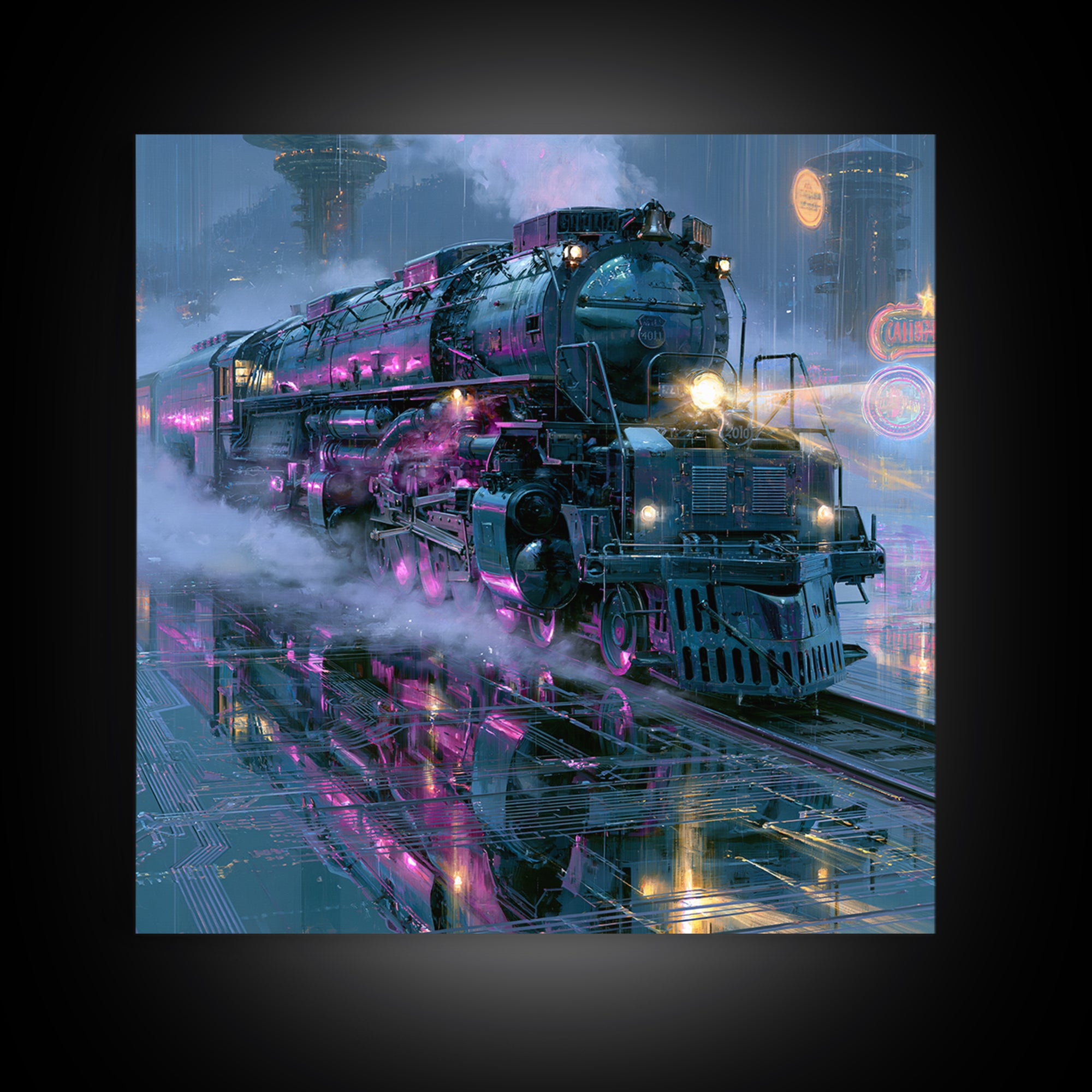 Steam Locomotive Racing Through Fog Canvas Print, Steampunk Art, Dark Art, Living Room Decor, Oil Painting, Mechanic, STE-1x1-30
