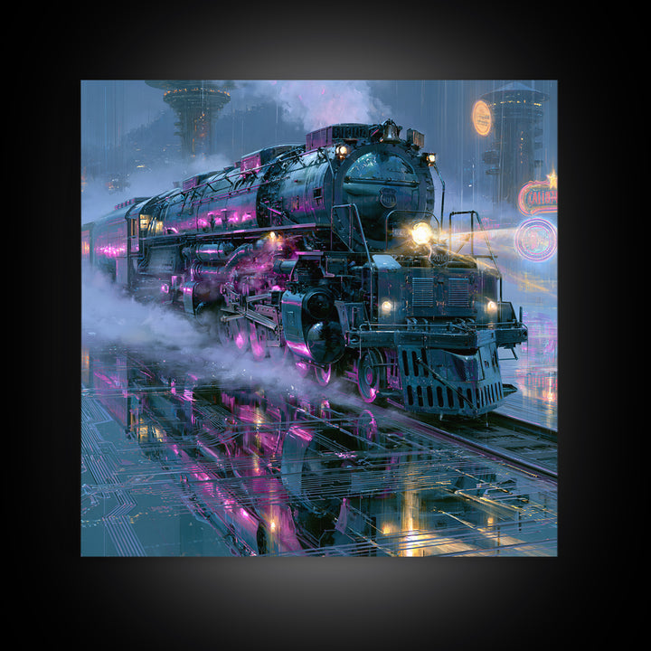 Steam Locomotive Racing Through Fog Canvas Print, Steampunk Art, Dark Art, Living Room Decor, Oil Painting, Mechanic, STE-1x1-30