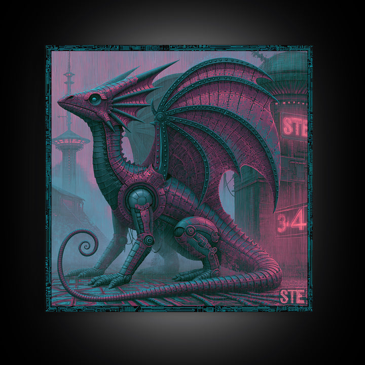 Copper Dragon with Riveted Wings Framed Canvas Print, Steampunk Art, Abstract Art Print, Living Room Decor, Watercolor Art, STE-1x1-34