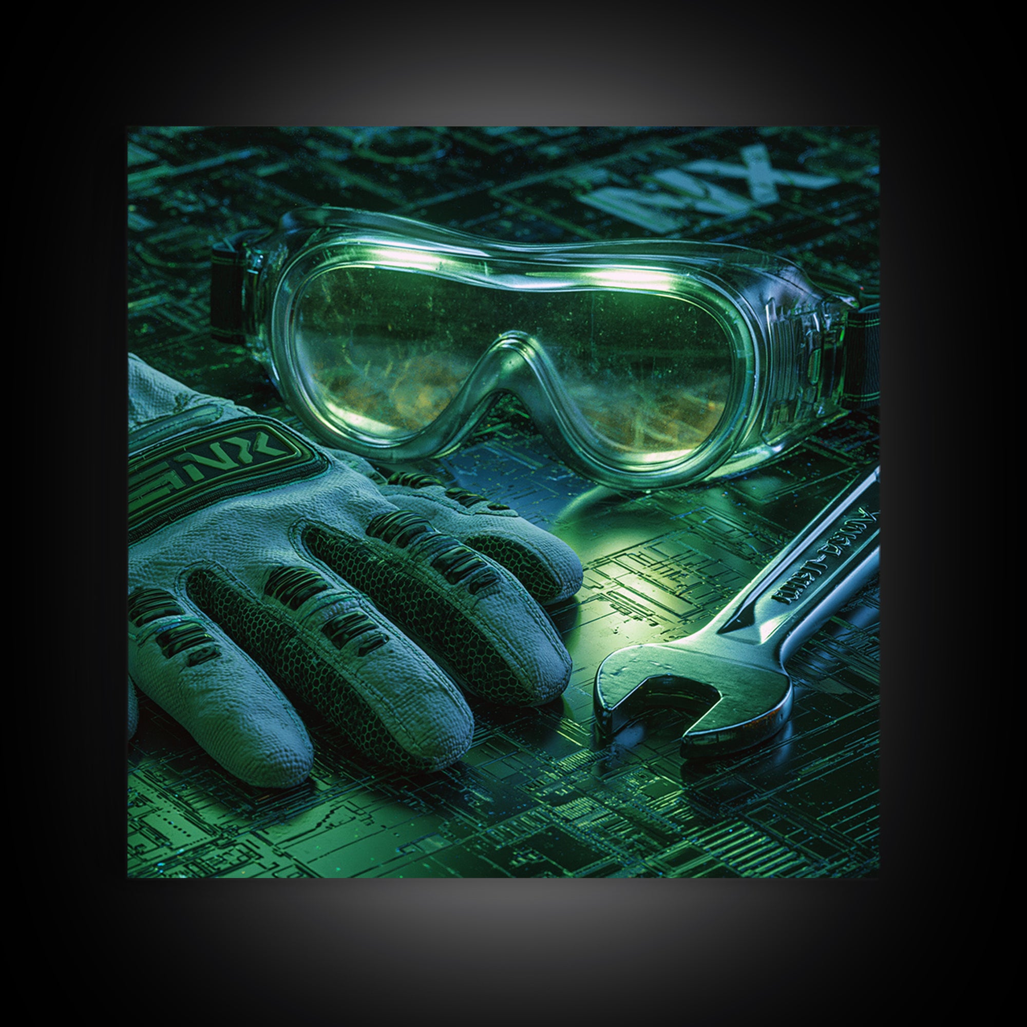 Goggles Gloves and Wrench Still Life Framed Canvas Print, Steampunk Art, Boho Wall Art, Living Room Decor, Fine Art, Mechanic, STE-1x1-47