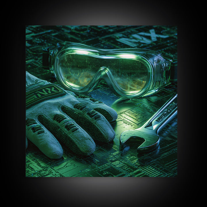 Goggles Gloves and Wrench Still Life Framed Canvas Print, Steampunk Art, Boho Wall Art, Living Room Decor, Fine Art, Mechanic, STE-1x1-47
