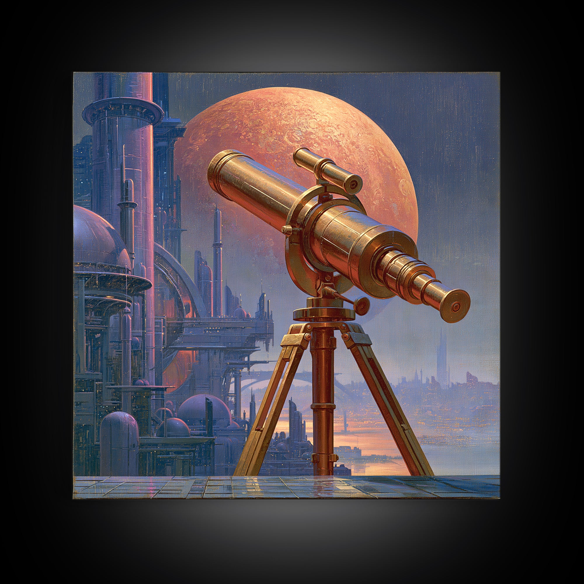 Brass Telescope Aimed at Copper Moon Framed Canvas Print, Steampunk Art, Wall Decor, Living Room Decor, Fine Art, Mechanic, STE-1x1-48