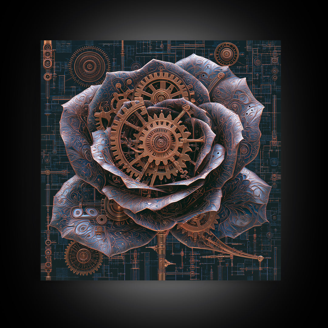 Mechanical Rose Made of Copper Gears Framed Canvas Print, Steampunk Art, Dark Art, Living Room Decor, Oil Painting, Mechanic, STE-1x1-51