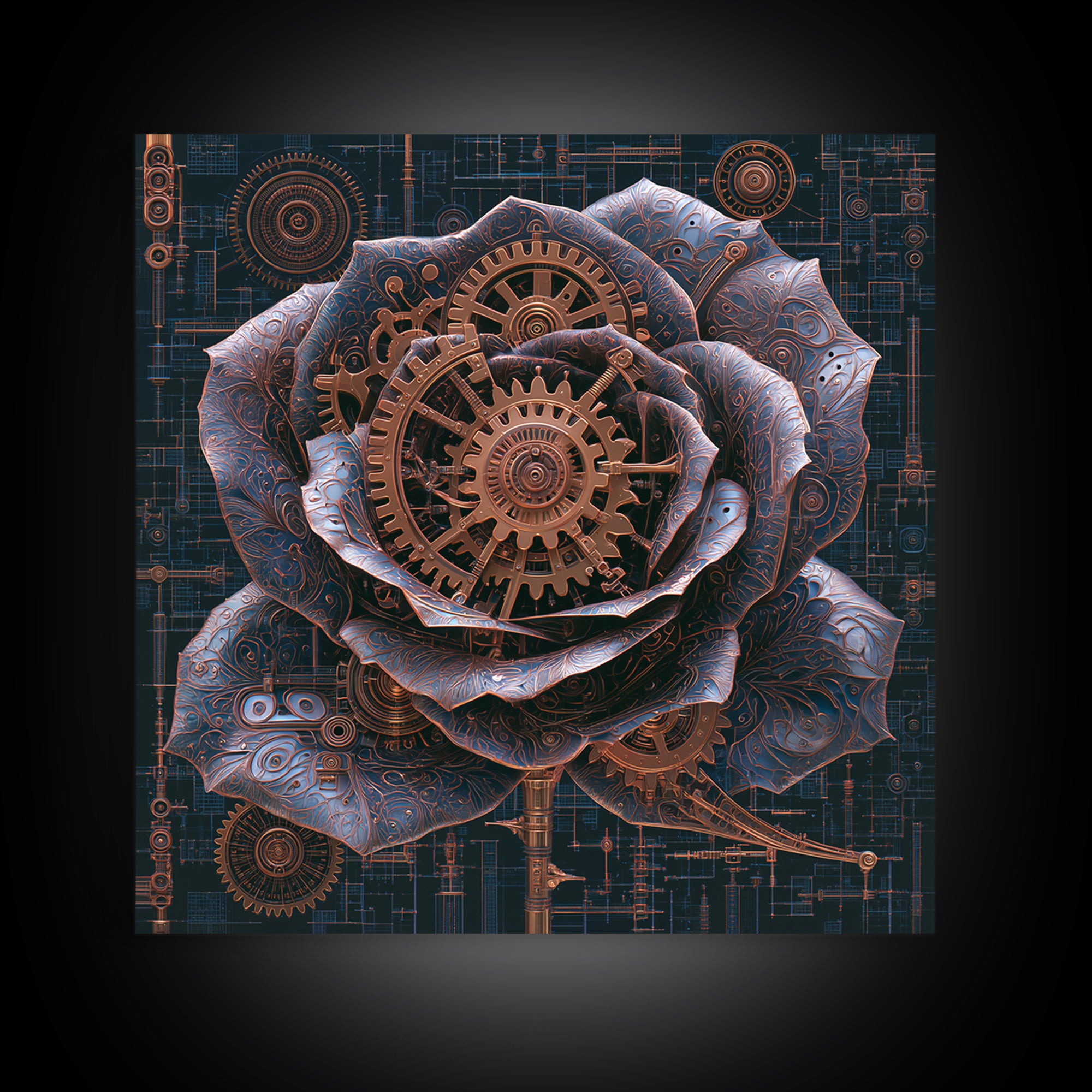 Mechanical Rose Made of Copper Gears Framed Canvas Print, Steampunk Art, Dark Art, Living Room Decor, Oil Painting, Mechanic, STE-1x1-51