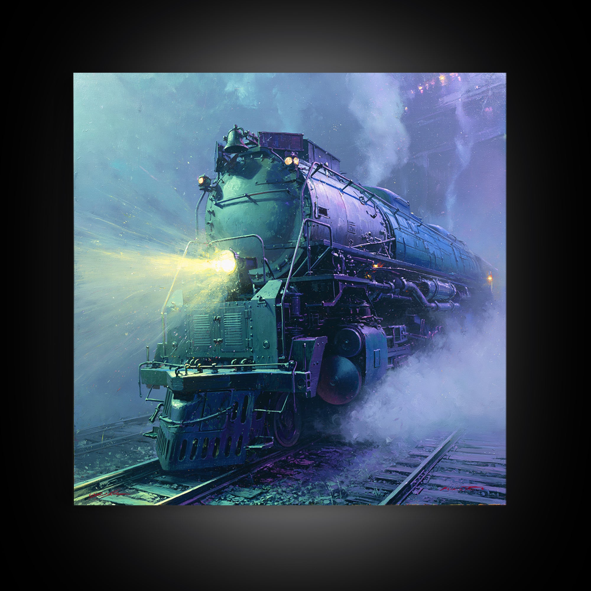 Steam Locomotive Racing Through Fog Canvas Print, Steampunk Art, Dark Art, Living Room Decor, Oil Painting, Mechanic, STE-1x1-54