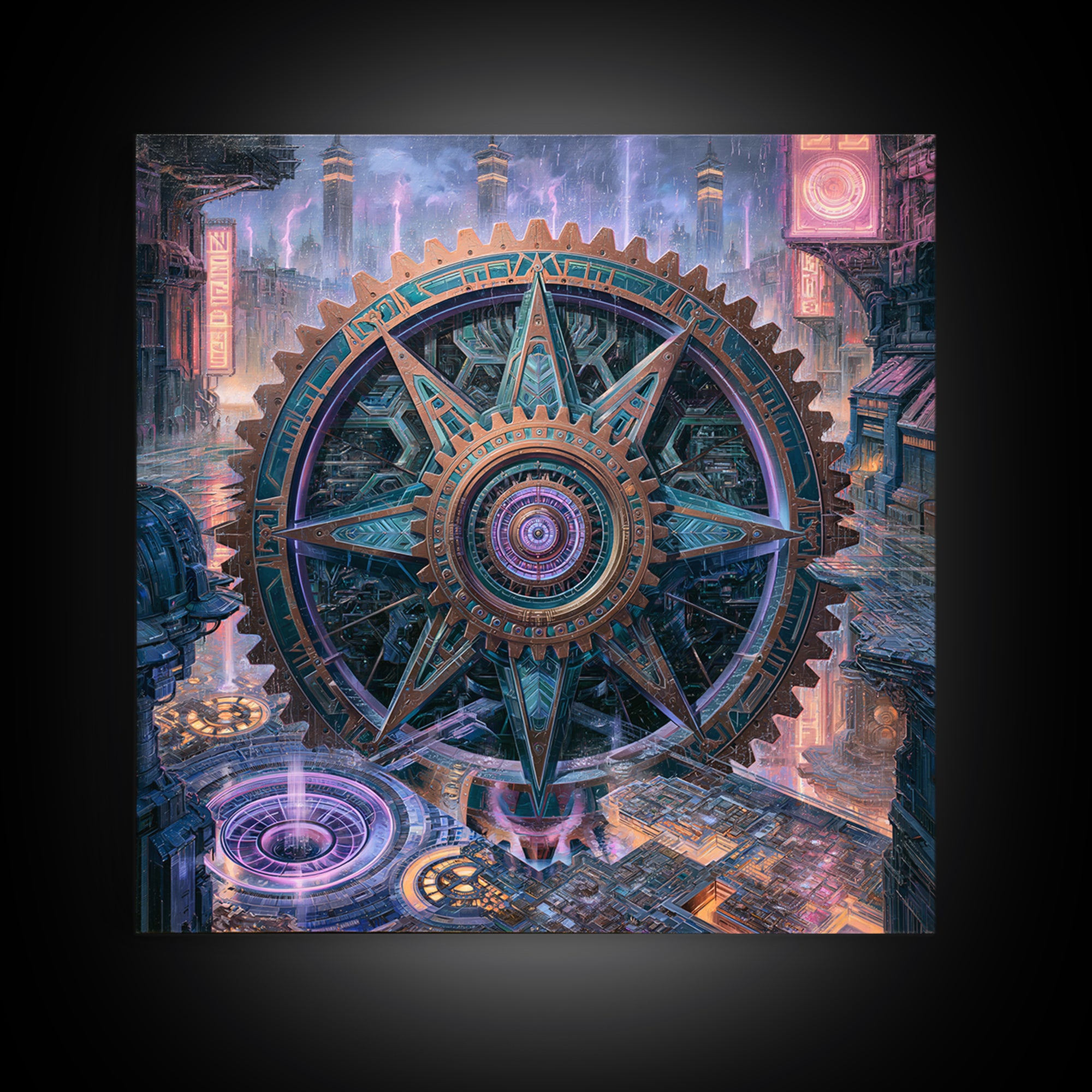 Cogwheel Mandala in Bronze and Teal Framed Canvas Print, Steampunk Art, Wall Art Print, Living Room Decor, Fine Art, Mechanic, STE-1x1-64