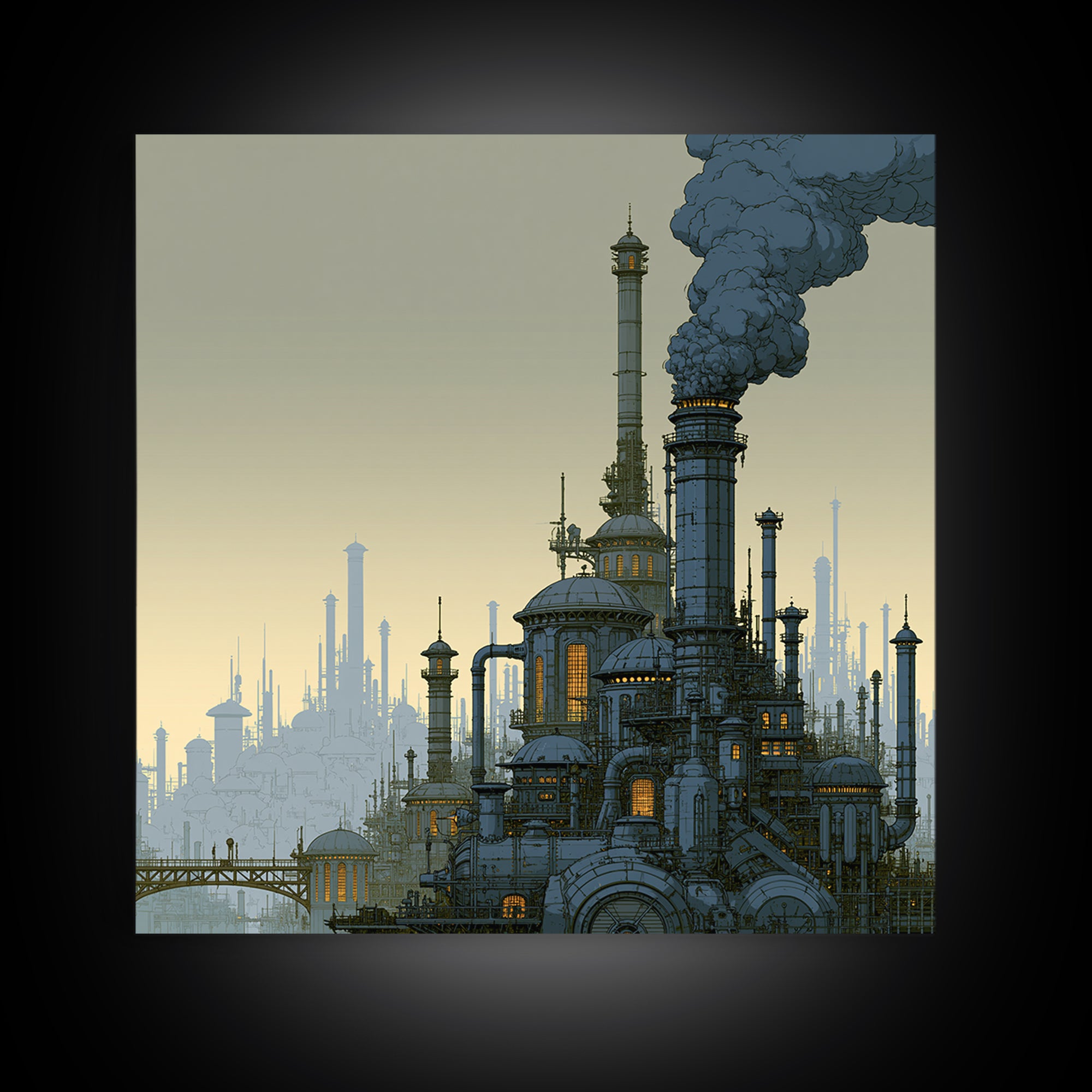 Steam Powered City Skyline Canvas Print, Steampunk Art, Luxury Decor, Living Room Decor, Abstract Art, Mechanic, STE-1x1-69