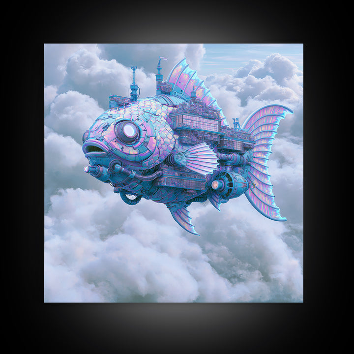 Mechanical Fish Swimming Through Clouds Framed Canvas Print, Steampunk Art, Steampunk Decor, Living Room Decor, Mechanic, STE-1x1-70