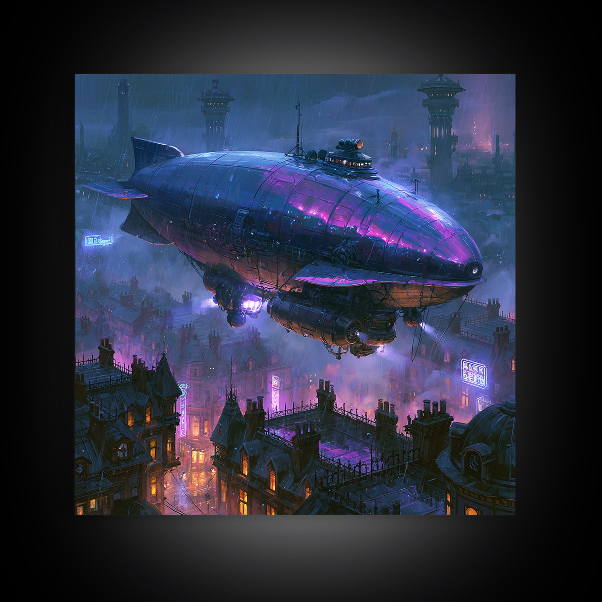 Airship Floating Above Victorian City Roofs Framed Canvas Print, Steampunk Art, Fine Art Print, Living Room Decor, Mechanic, STE-1x1-74