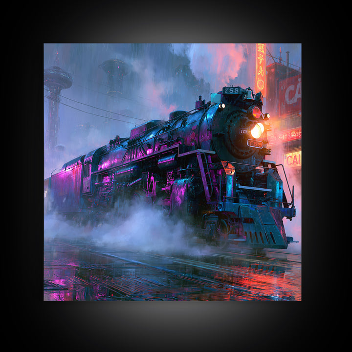 Steam Locomotive Racing Through Fog Framed Canvas Print, Steampunk Art, Statement Artwork, Living Room Decor, Mechanic, STE-1x1-78