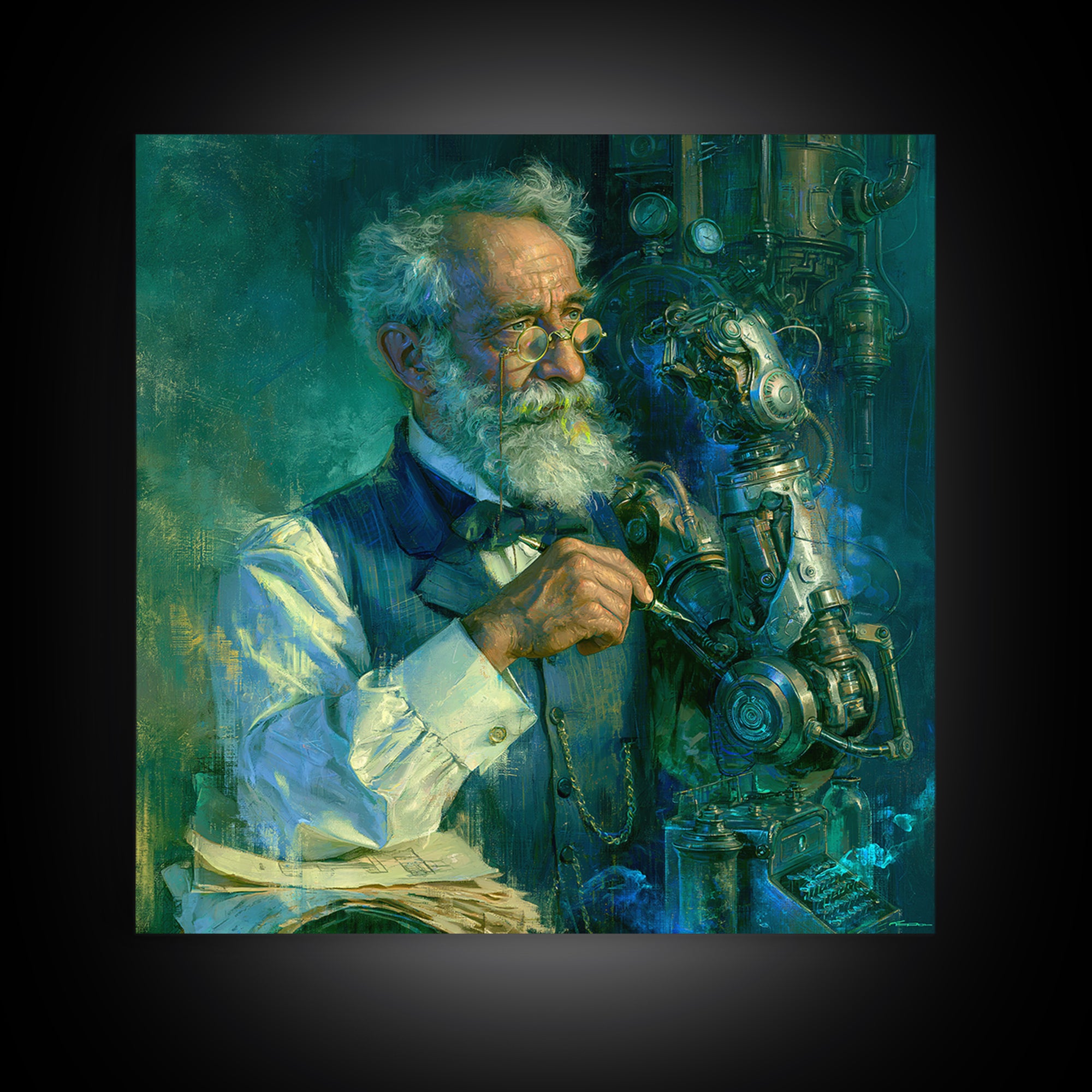 Victorian Inventor Portrait Framed Canvas Print, Steampunk Art, Boho Decor, Living Room Decor, Fine Art, Mechanic, Art Print, STE-1x1-79