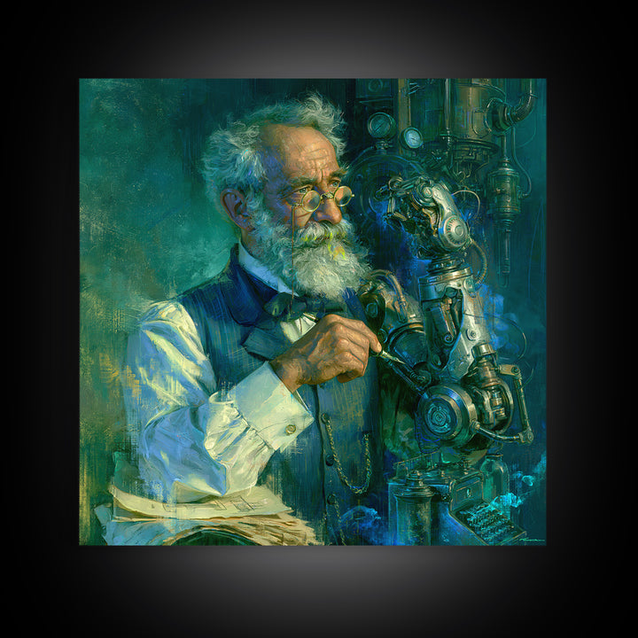 Victorian Inventor Portrait Framed Canvas Print, Steampunk Art, Boho Decor, Living Room Decor, Fine Art, Mechanic, Art Print, STE-1x1-79