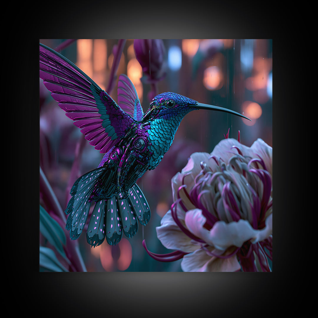 Mechanical Hummingbird Hovering Near Flower Canvas Print, Steampunk Art, Wall Decor, Living Room Decor, Oil Painting, Mechanic, STE-1x1-81