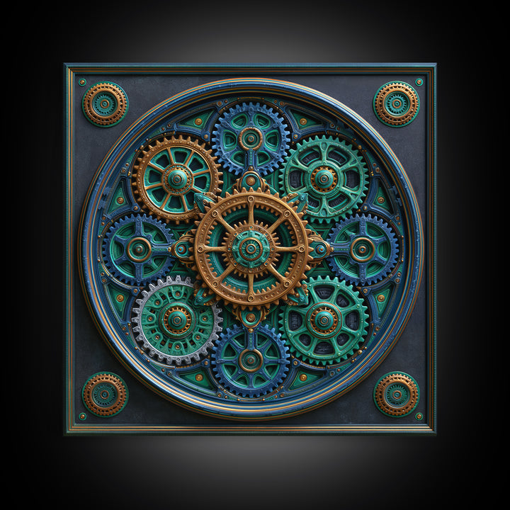 Cogwheel Mandala in Bronze and Teal Framed Canvas Print, Steampunk Art, Minimalist Decor, Living Room Decor, Fine Art, Mechanic, STE-1x1-88