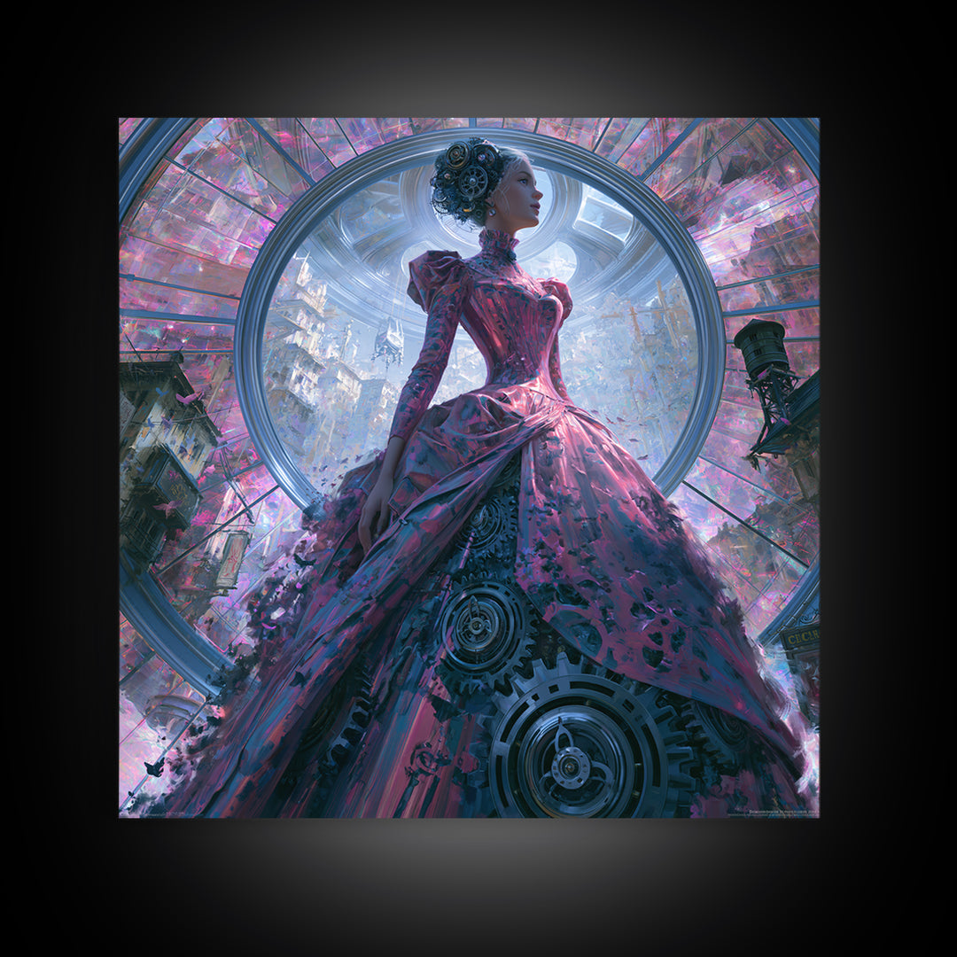 Victorian Lady with Clockwork Dress Details Canvas Print, Steampunk Art, Contemporary Art, Living Room Decor, Mechanic, STE-1x1-89