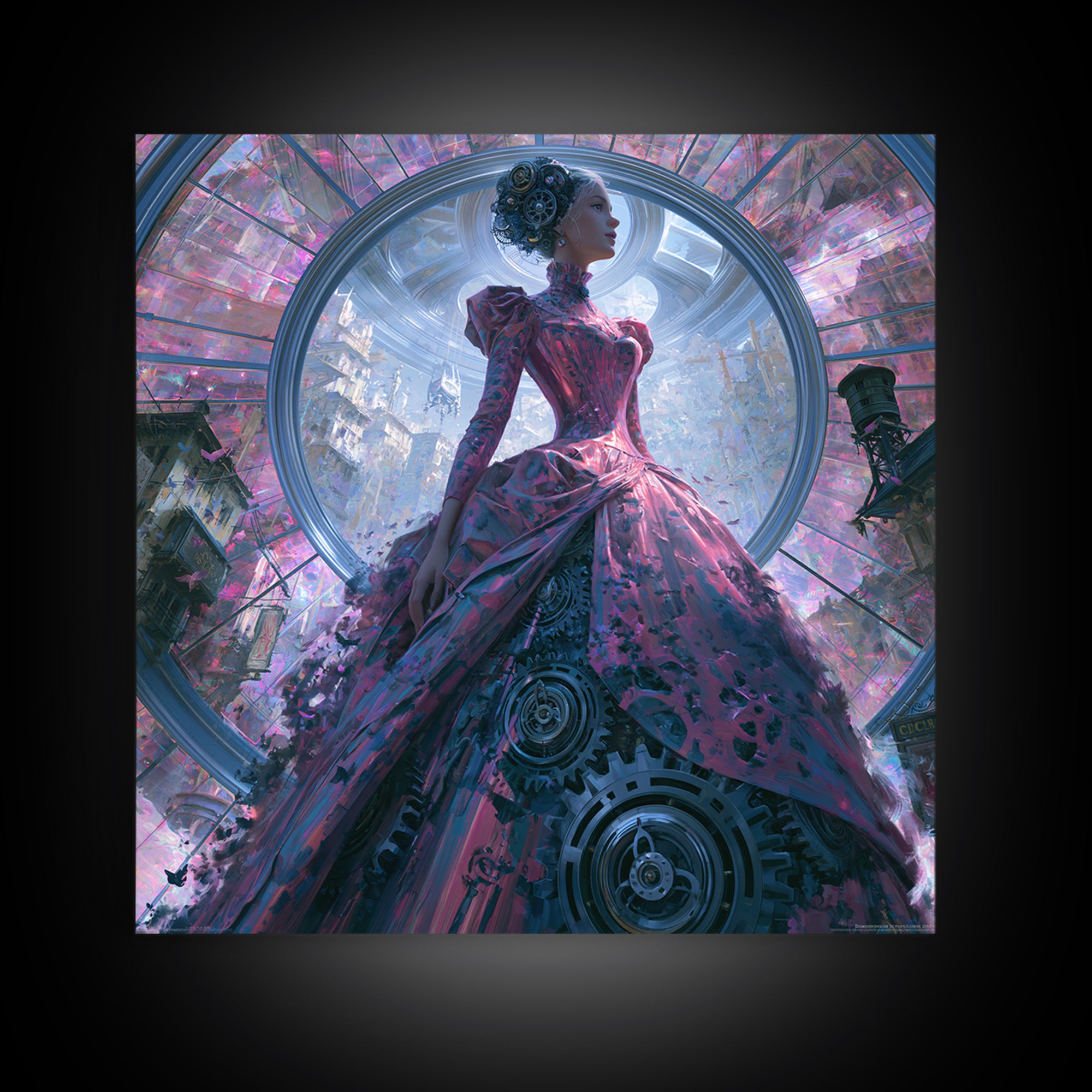 Victorian Lady with Clockwork Dress Details Canvas Print, Steampunk Art, Contemporary Art, Living Room Decor, Mechanic, STE-1x1-89