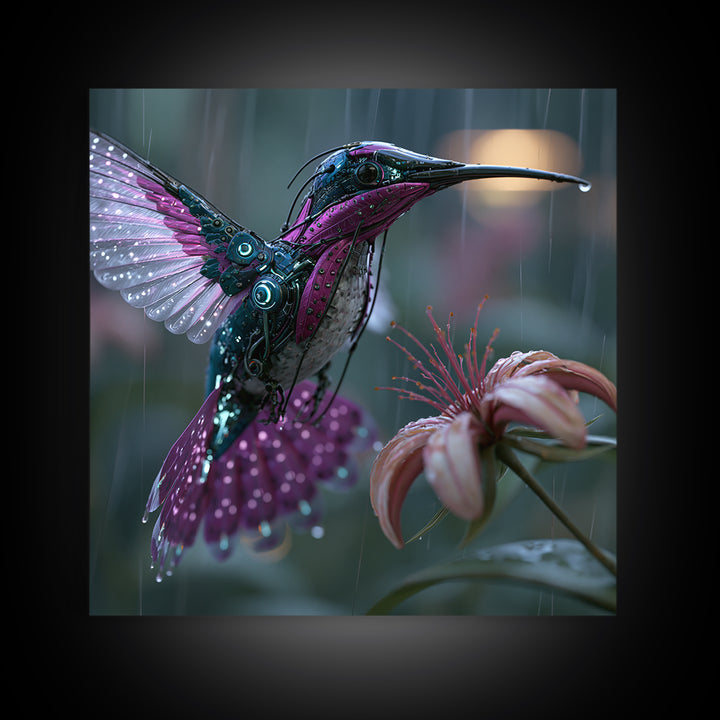 Mechanical Hummingbird Hovering Near Flower Canvas Print, Steampunk Art, Statement Artwork, Living Room Decor, Mechanic, STE-1x1-9