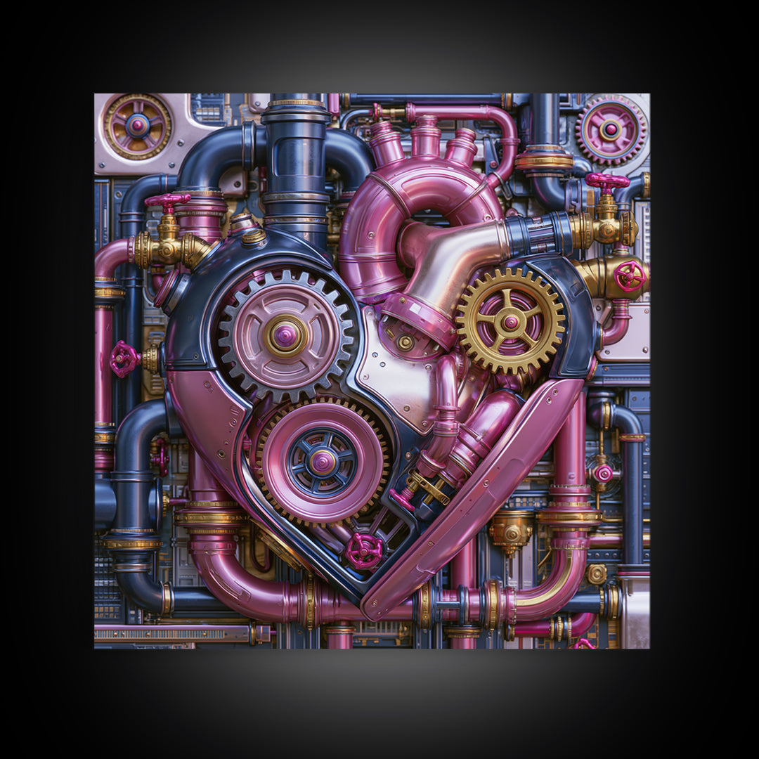 Gear Heart with Pipes and Valves Canvas Print, Steampunk Art, Man Cave Decor, Living Room Decor, Fine Art, Mechanic, STE-1x1-92