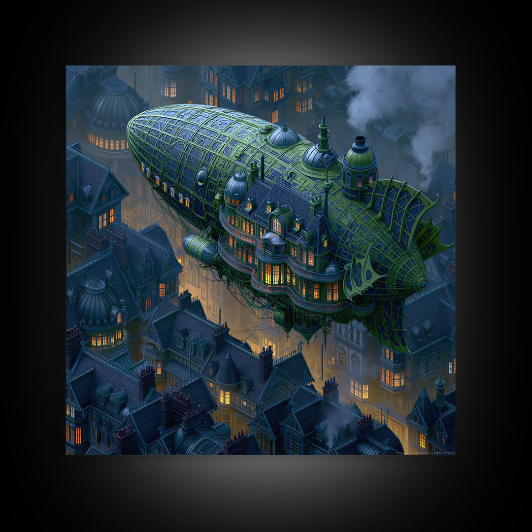 Airship Floating Above Victorian City Roofs Canvas Print, Steampunk Art, Textured Painting, Living Room Decor, Mechanic, STE-1x1-98