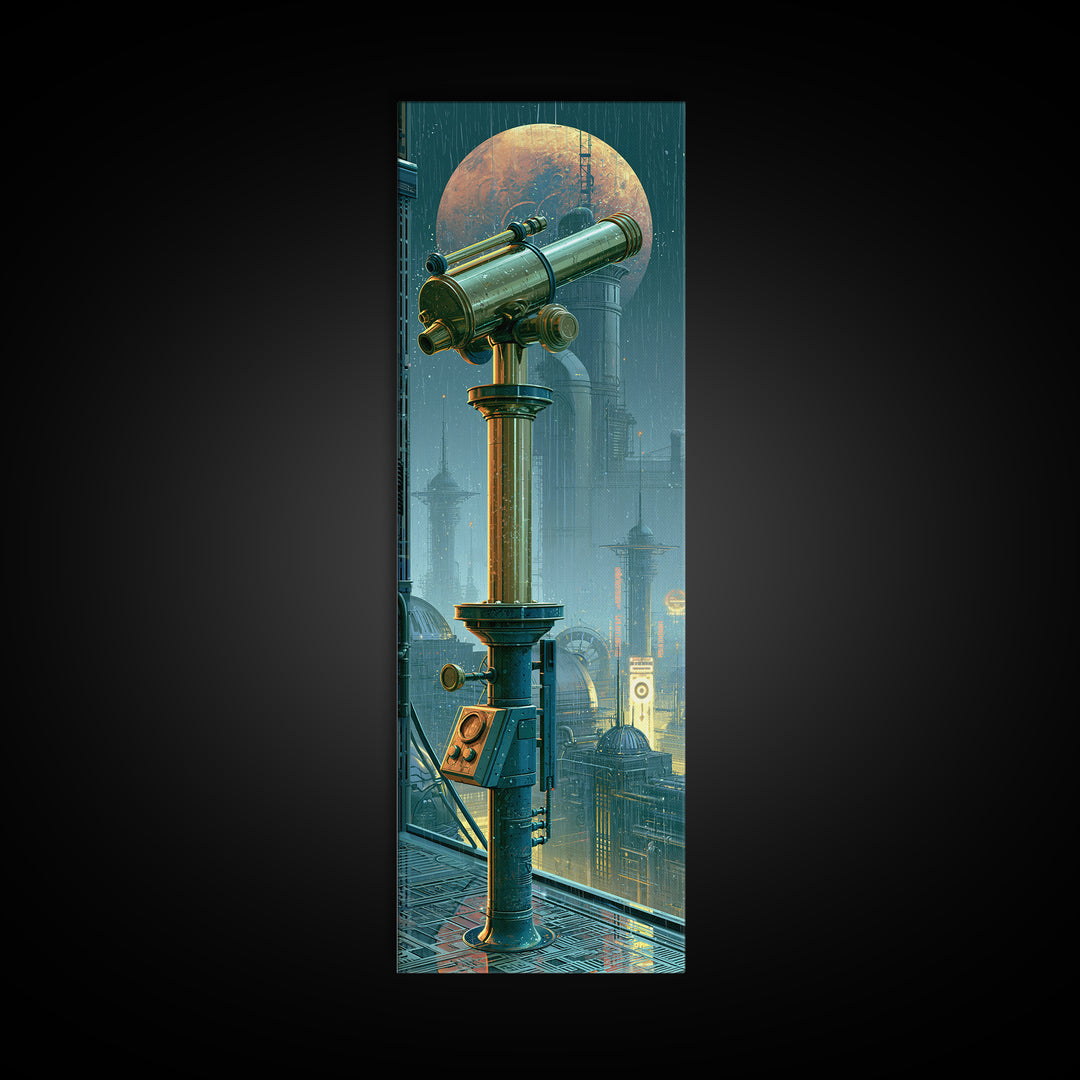 Brass Telescope Aimed at Copper Moon Canvas Print, Steampunk Art, Canvas Art, Living Room Decor, Abstract Art, Mechanic, STE-1x3-60