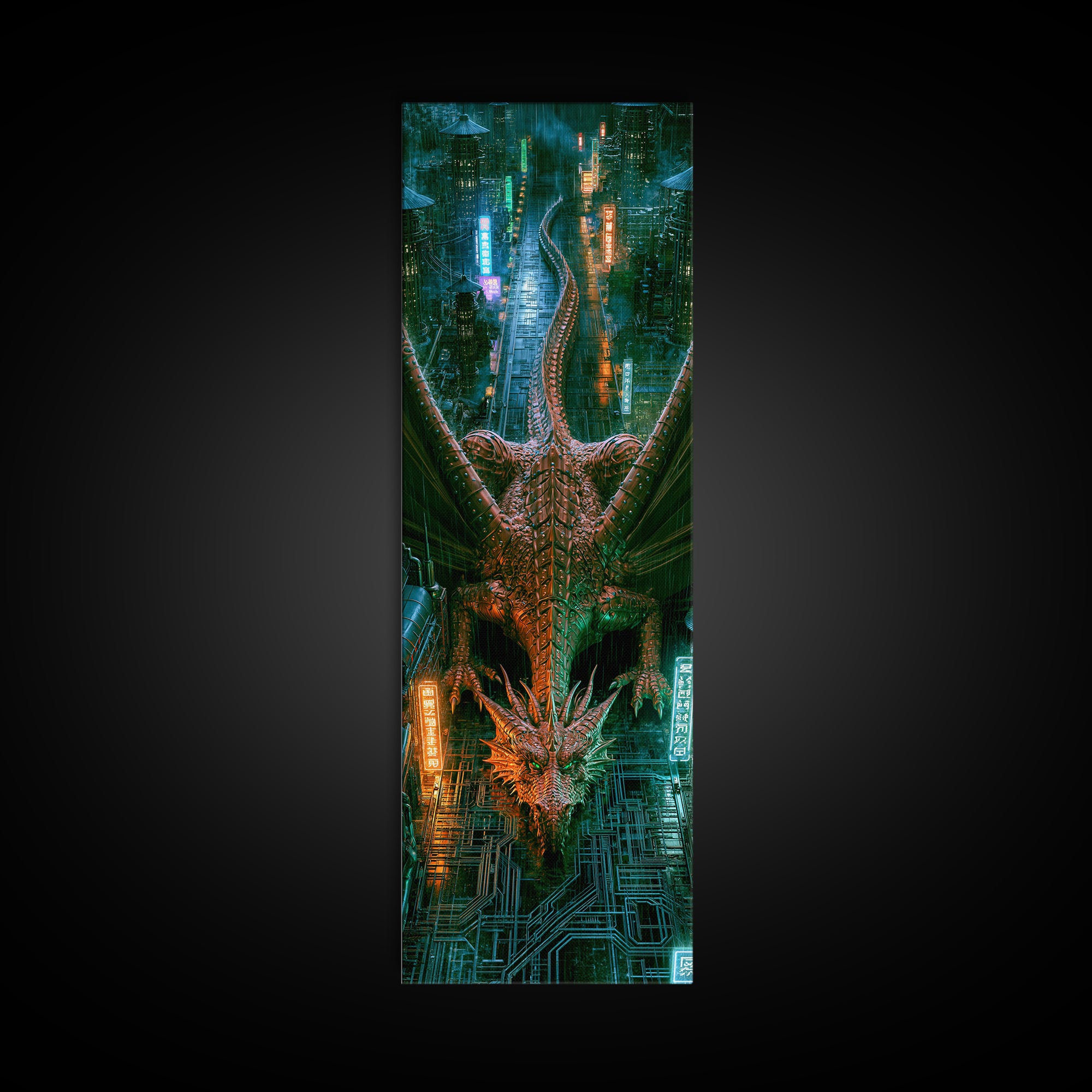 Copper Dragon with Riveted Wings Framed Canvas Print, Steampunk Art, Modern Decor, Living Room Decor, Fine Art, Mechanic, STE-1x3-70