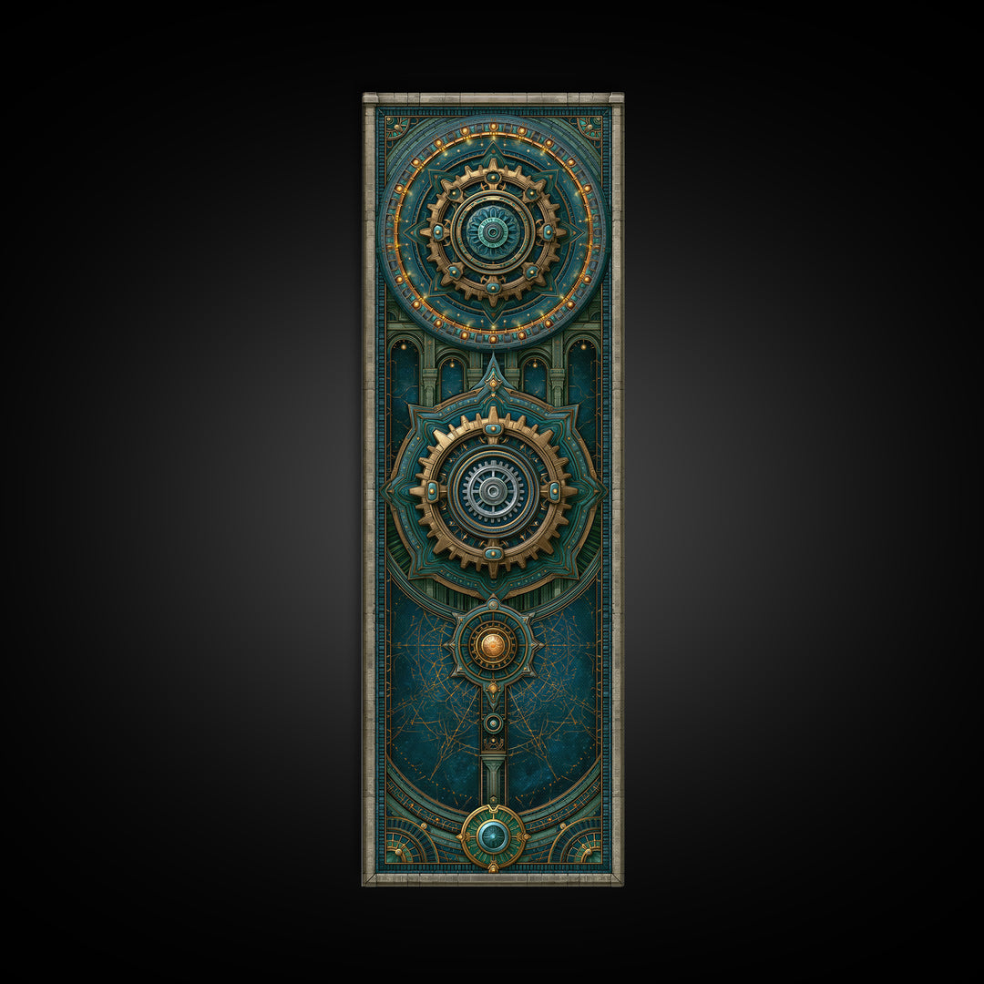 Cogwheel Mandala in Bronze and Teal Framed Canvas Print, Steampunk Art, Cat Art, Living Room Decor, Oil Painting, Mechanic, STE-1x3-76