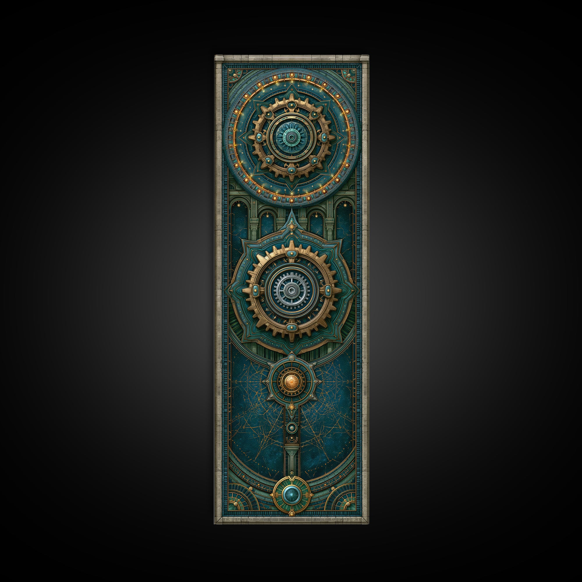 Cogwheel Mandala in Bronze and Teal Framed Canvas Print, Steampunk Art, Cat Art, Living Room Decor, Oil Painting, Mechanic, STE-1x3-76