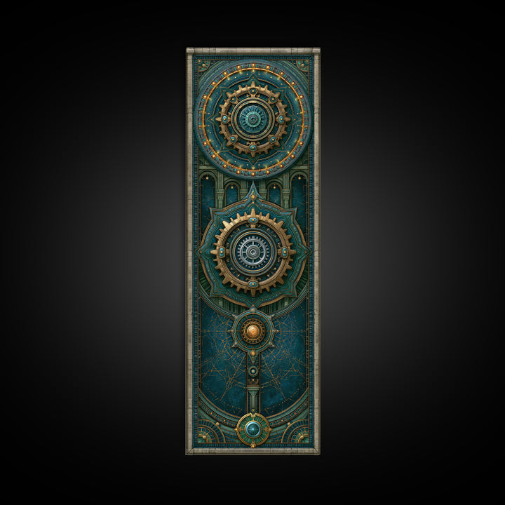 Cogwheel Mandala in Bronze and Teal Framed Canvas Print, Steampunk Art, Cat Art, Living Room Decor, Oil Painting, Mechanic, STE-1x3-76