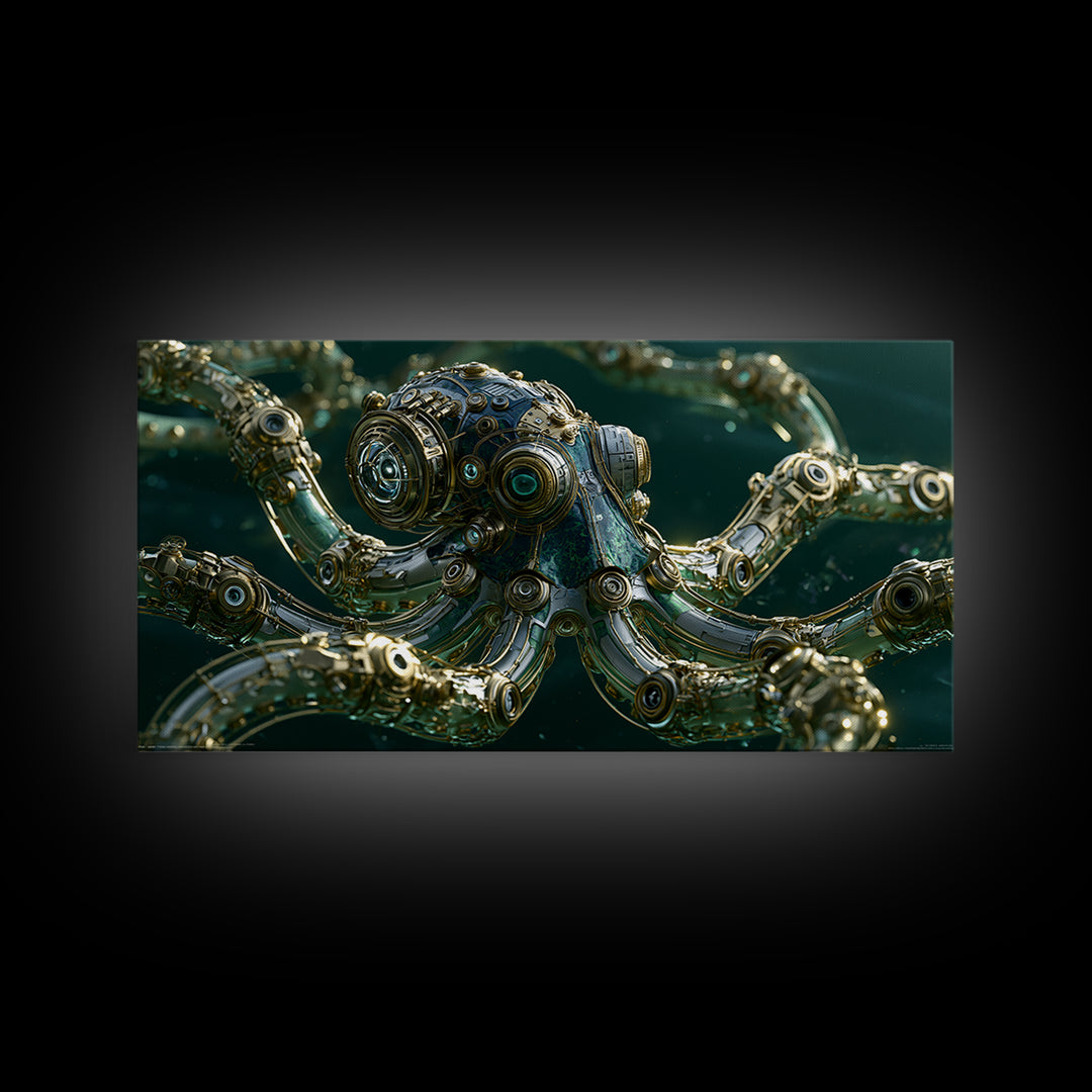 Steampunk Octopus with Brass Tentacles Framed Canvas Print, Steampunk Art, Steampunk, Living Room Decor, Fine Art, Mechanic, STE-2x1-1