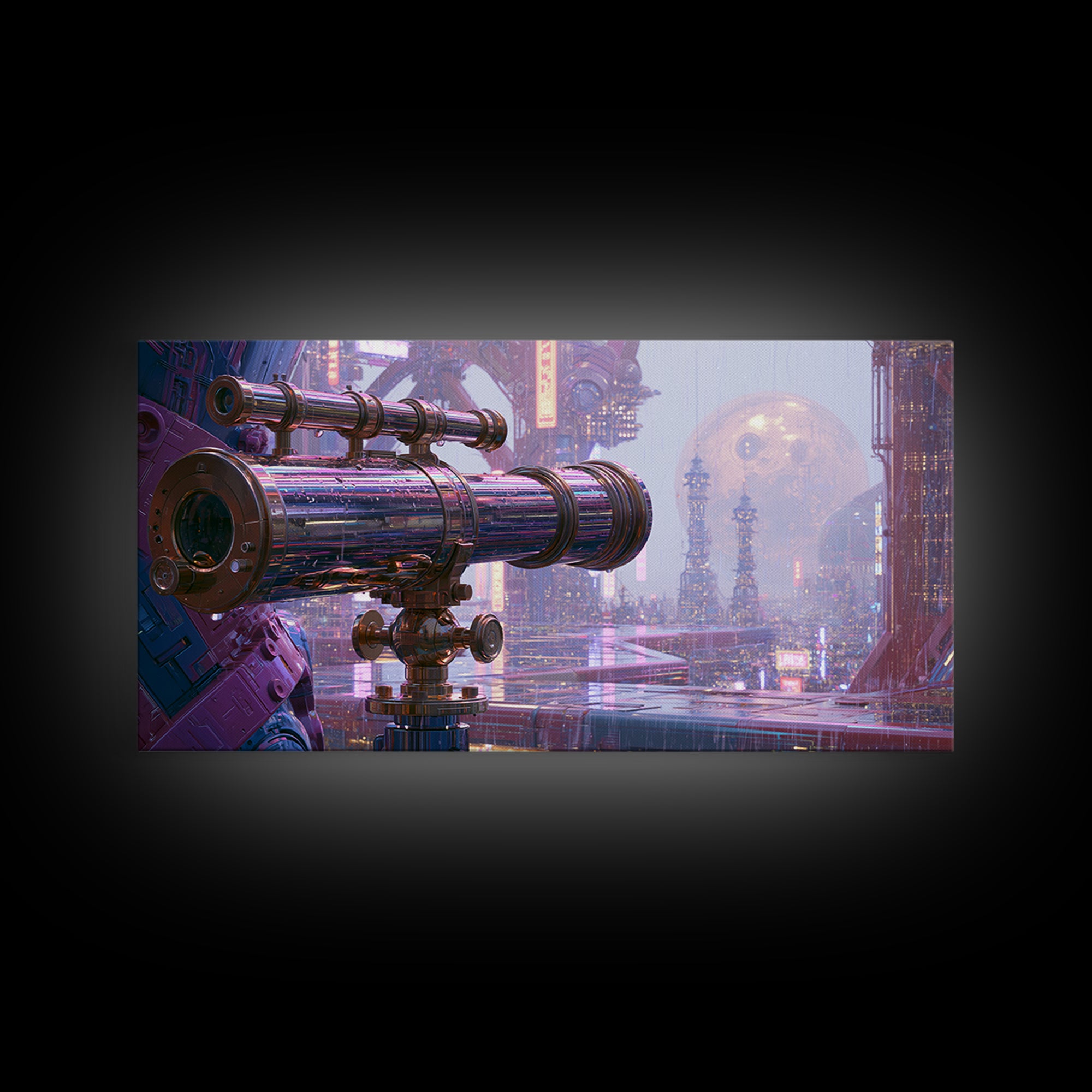 Brass Telescope Aimed at Copper Moon Framed Canvas Print, Steampunk Art, Statement Artwork, Living Room Decor, Mechanic, STE-2x1-20