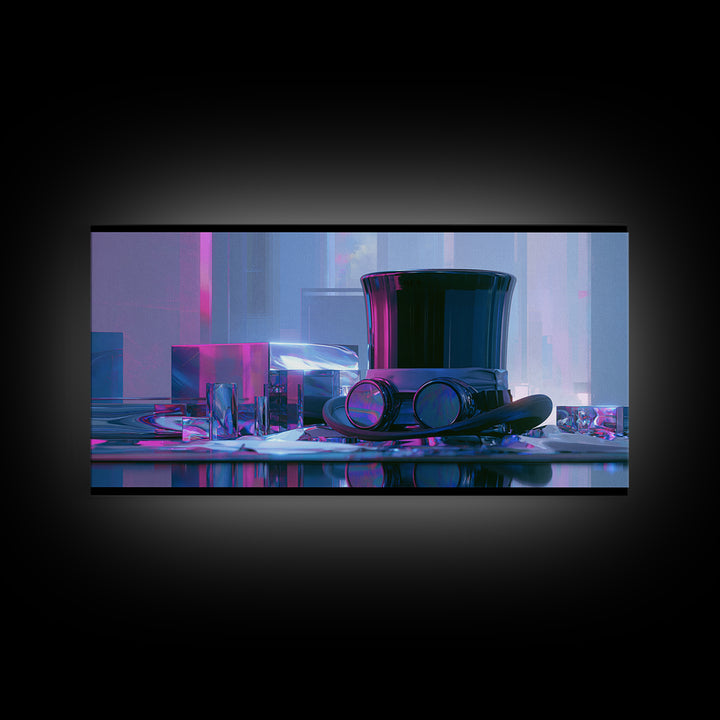 Top Hat and Goggles Still Life Framed Canvas Print, Steampunk Art, Minimalist Decor, Living Room Decor, Fine Art, Mechanic, STE-2x1-24