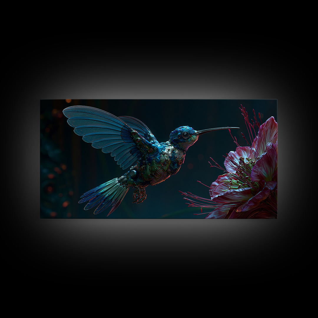Mechanical Hummingbird Hovering Near Flower Canvas Print, Steampunk Art, Original Art, Living Room Decor, Mechanic, Dark Art, STE-2x1-29