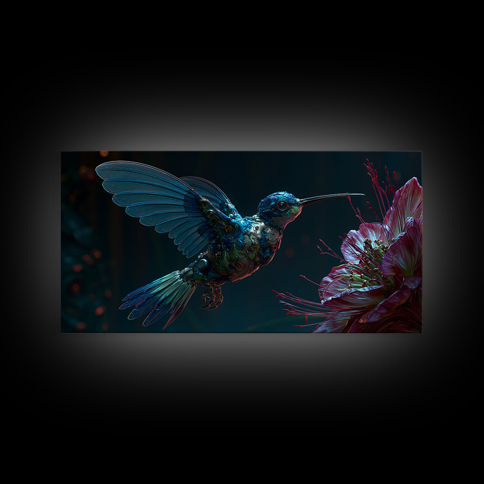 Mechanical Hummingbird Hovering Near Flower Canvas Print, Steampunk Art, Original Art, Living Room Decor, Mechanic, Dark Art, STE-2x1-29